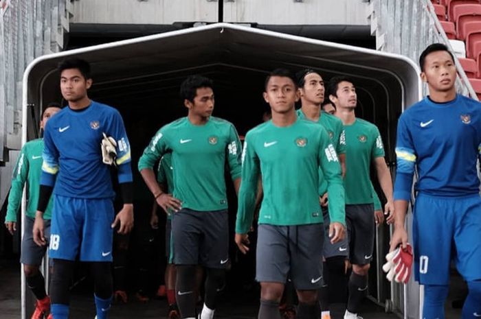 Timnas U-23 Indonesia di Stadion Nasional, Singapura, Selasa (20/3/2018). Pasukan Luis Milla akan meladeni Timnas U-23 Singapura dalam laga persahabatan, Rabu (21/3/2018) pukul 18.30 WIB.