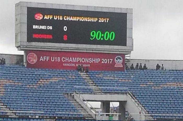 Papan skor elektronik di Stadion Thuwunna, Yangon, yang menunjukkan kemenangan timnas U-19 Indonesia dengan skor 8-0 atas timnas U-19 Brunei, Rabu (13/9/2017).