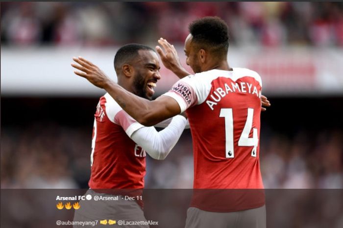 Dua penyerang Arsenal, Alexandre Lacazette dan Pierre-Emerick Aubameyang.