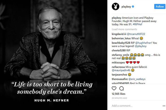 Pendiri majalah, Hugh M. Hefner, PlayBoy dikabarkan telah meninggal dunia melalui akun Instagram resmi majalah PlayBoy pada, Kamis (28/9/2017).