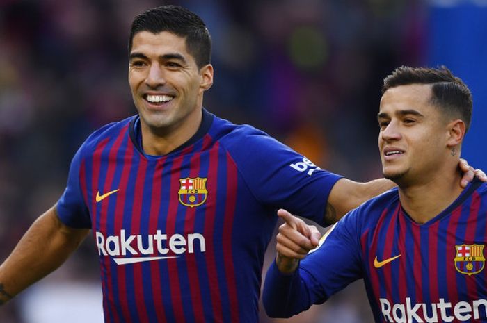 Selebrasi Luis Suarez dan Philippe Coutinho pada laga Barcelona vs Real Madrid dalam pertandingan bertajuk El Clasico di Stadion Camp Nou, 28 Oktober 2018. 