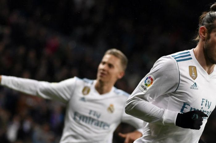 Winger Real Madrid, Gareth Bale, melakukan selebrasi seusai mencetak gol ke gawang Getafe pada partai Liga Spanyol di Santiago Bernabeu, Sabtu (3/3/2018) 