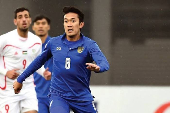  Pemain timnas U-23 Thailand, Nopphon Phonkam saat menghadapi timnas U-23 Palestina pada laga pamungkas fase penyisihan Grup B Piala Asia U-23 2018 Stadion Olimpiade Changzhou, China, Selasa (16/1/2018) sore.  