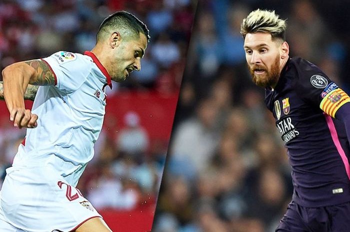 Duel seru antara Vitolo (kiri) dan Lionel Messi akan terjadi saat Sevilla kontra Barcelona, Minggu (6/11/2016).