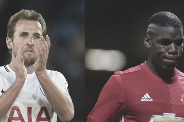 Kolase Pemain Tottenham Hotspur, Harry Kane (kiri), dengan pemain Manchester United, Paul Pogba (kanan).