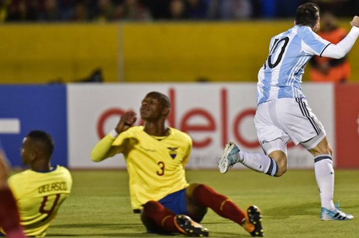 Lionel Messi mencetak gol timnas Argentina saat menang 3-1 atas Ekuador pada partai Kualifikasi Piala Dunia 2018 zona Conmebol, Selasa (10/10/2017).