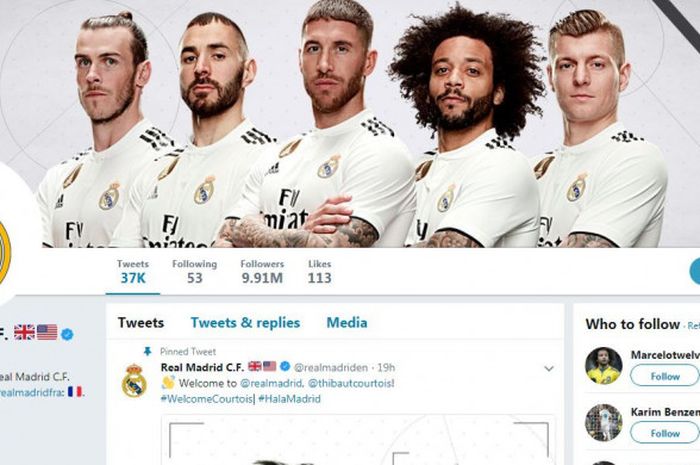 Halaman utama akun Twitter resmi Real Madrid yang tak menyertakan Luka Modric dalam pose lima pemain di foto kover.