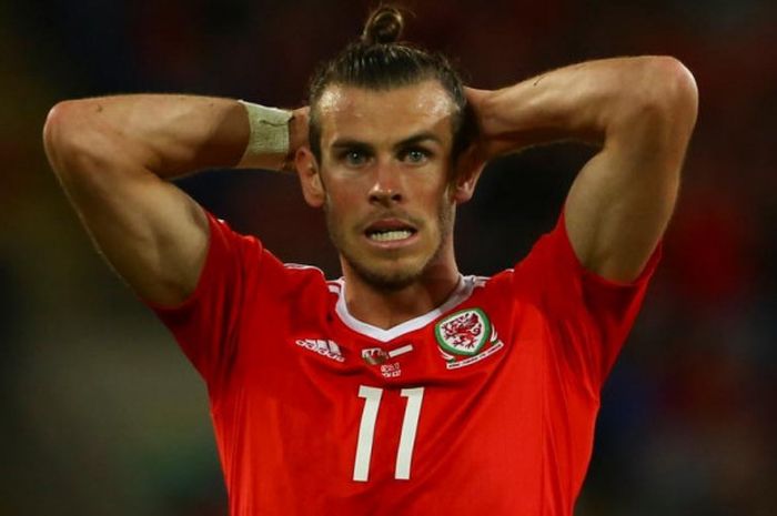 Ekspresi penyerang sayap timnas Wales, Gareth Bale, dalam partai Kualifikasi Piala Dunia 2018 lawan Austria di Cardiff, 2 September 2017.