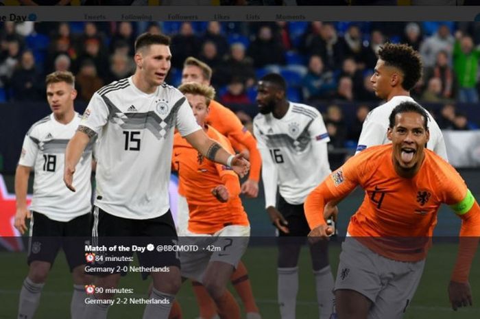 Virgil van Dijk (kanan) merayakan golnya untuk timnas Belanda ke gawang Jerman dalam partai UEFA Nations League di VELTINS-Arena, Senin (19/11/2018).