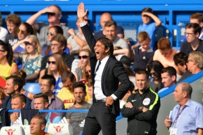 Pelatih Chelsea, Antonio Conte, bereaksi saat timnya menjamu Burnley pada pekan ketiga Premier League di Stamford Bridge, Sabtu (27/8/2016). 