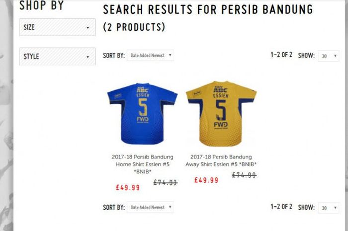 Jersey Persib dengan nama Essien di platform classicfootballshirts.co.uk