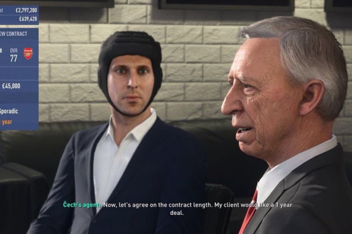 Ilustrasi kiper Arsenal, Petr Cech, dalam negosiasi kontrak di gim FIFA 19.