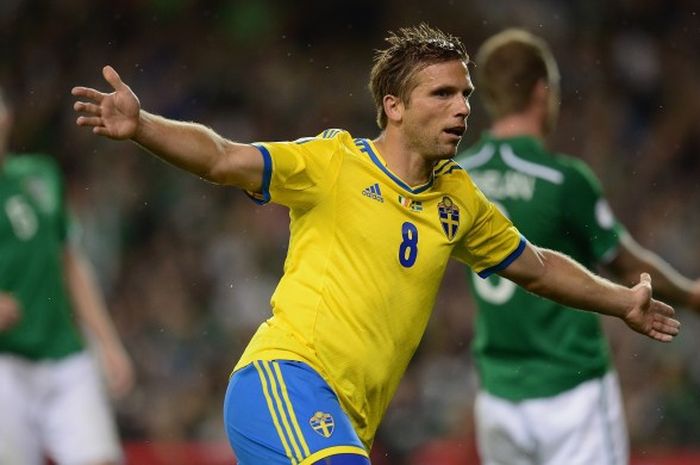 Selebrasi Anders Svensson setelah mencetak gol dalam Laga FIFA 2014 World Cup antara Irlandia melawan Sweden di Stadion Aviva, 6 September 2013. 