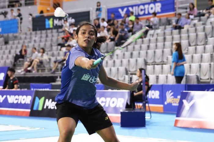 Pebulu tangkis tunggal putri Indonesia, Gregoria Mariska, saat menghadapi Yip Pui Yin (Hong Kong) pada babak kedua turnamen Korea Terbuka yang berlangsung di SK Handball Stadium, Seoul, Kamis (14/9/2017).