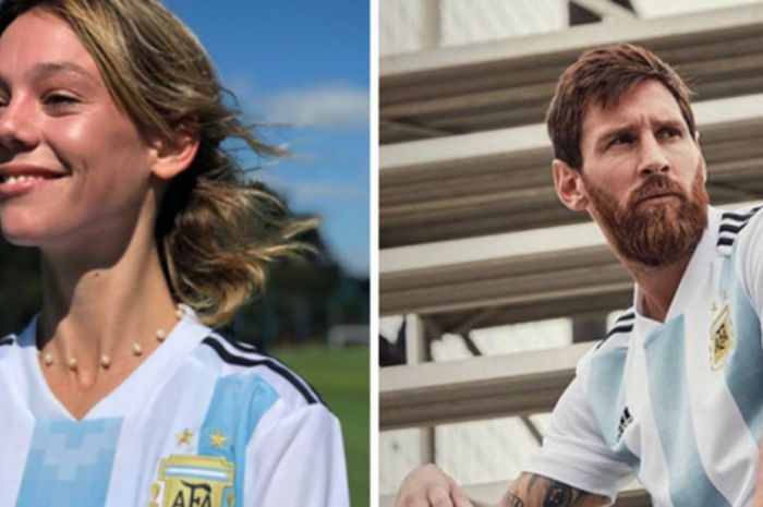 Alexia Ortiz (kiri) dan Lionel Messi saat mempromosikan jersey timnas Argentina untuk Piala Dunia 2018 Rusia.