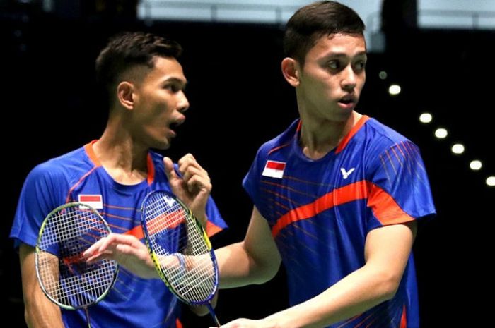 Pasangan ganda putra Indonesia, Fajar Alfian/Muhammad Rian Ardianto, tampil pada laga perempat final perorangan SEA Games 2017, di Axiata Arena, Kuala Lumpur, Malaysia, Minggu (27/8/2017).