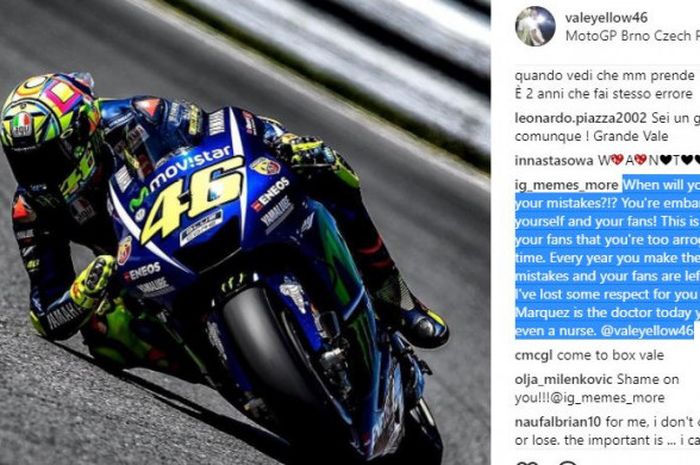 Komentar kemarahan fan di foto Instagram Valentino Rossi setelah MotoGP Ceska pada Minggu (6/7/2017).