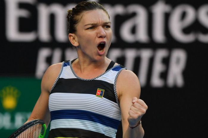 Ekspresi Simona Halep saat berhadapan dengan Venus Williams dalam laga babak 32 besar Australian Ope