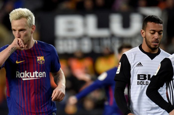 Gelandang FC Barcelona, Ivan Rakitic (kiri), merayakan gol yang dia cetak ke gawang Valencia dalam laga leg kedua semifinal Copa del Rey di Stadion Mestalla, Valencia, Spanyol, pada 8 Februari 2018.