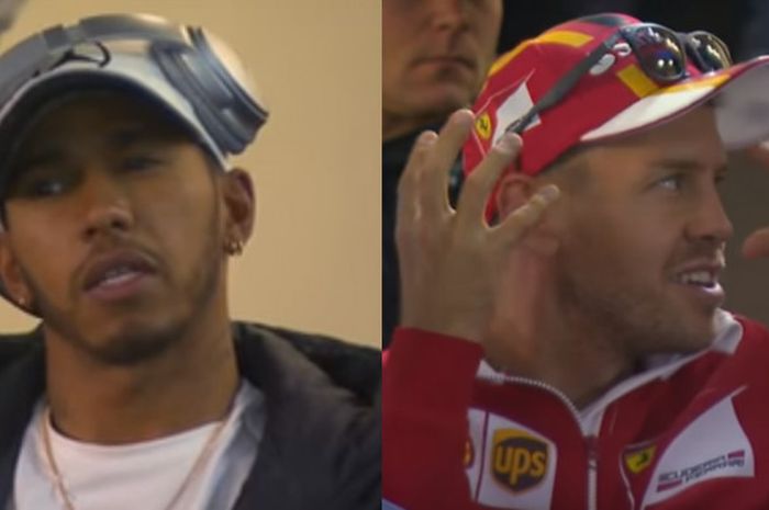 Reaksi Lewis Hamilton (kiri) dan Sebastian Vettel (kanan) saat menghadiri briefing pra balapan F1 GP Meksiko 2017.