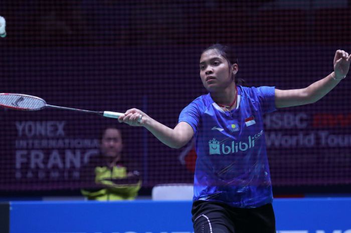 Gregoria Mariska Tunjung saat berhadapan dengan wakil Denmark, Mia Blichfeldt, pada babak kedua French Open 2018 di Stade Pierre de Coubertin, Paris, Prancis, Kamis (25/10/2018).