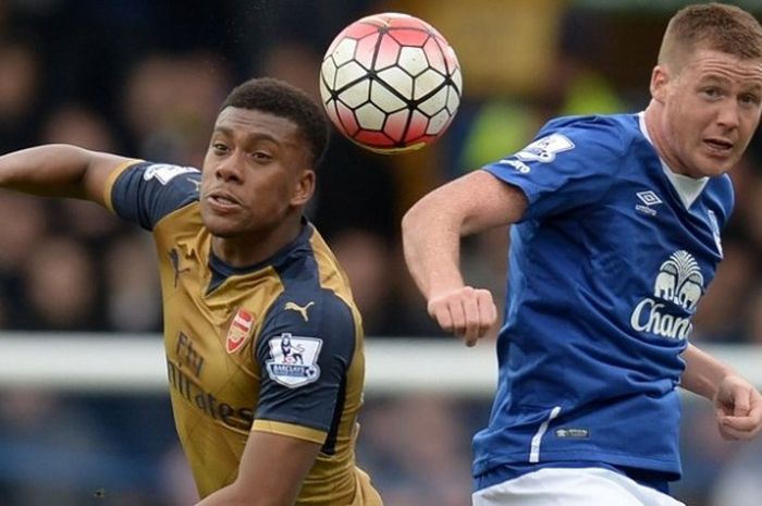 Winger Arsenal, Alex Iwobi (kiri), berduel dengan pemain Everton, James McCarthy, pada lanjutan Premier League di Stadion Goodison Park, 19 Maret 2016.