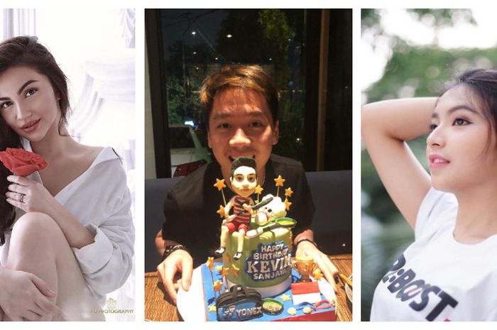 Kolase foto Kevin Sanjaya diantara Ariel Tatum (kiri) dan Gracia JKT48