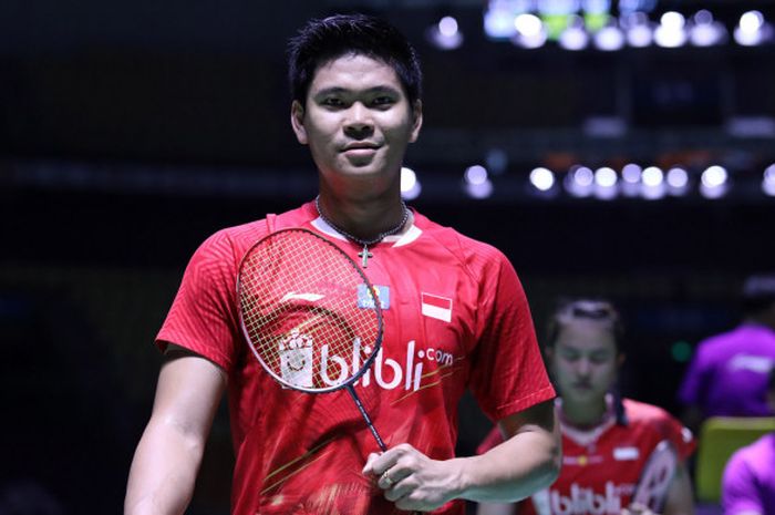 Ekspresi Praveen Jordan setelah memenangi salah satu laga Fuzhou China Open 2018 bersama dengan Melati Daeva Oktavianti.