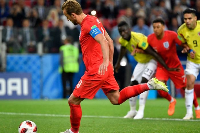 Proses gol yang diciptakan penyerang Inggris, Harry Kane,  lewat eksekusi tendangan penalti pada pertandingan Kolombia melawan Inggris babak 16 besar Piala Dunia 2018 di Otkrytiye Arena, Selasa (3/7/2018) waktu setempat.