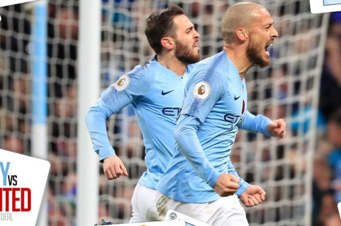 Gelandang Manchester City, David Silva (kanan), merayakan gol yang dicetak ke gawang Manchester United dalam laga Liga Inggris di Stadion Etihad, Manchester pada 11 November 2018.