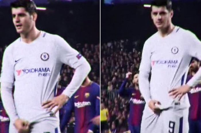 Aksi tak senonoh striker Chelsea, Alvaro Morata, dalam laga melawan Barcelona di Camp Nou, Rabu (14/3/2018)