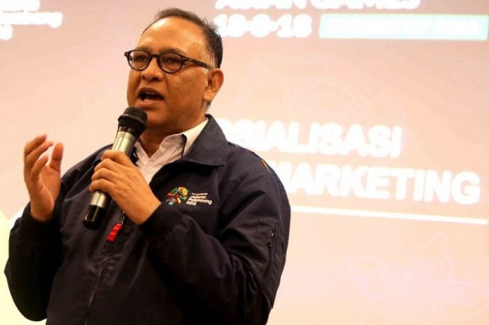 Direktur Revenue Inasgoc, Hasani Abdulgani, berbicara pada acara seminar mengenai ambush marketing, di Hotel Haris, FX Building, Jakarta, Senin (26/3/2018).