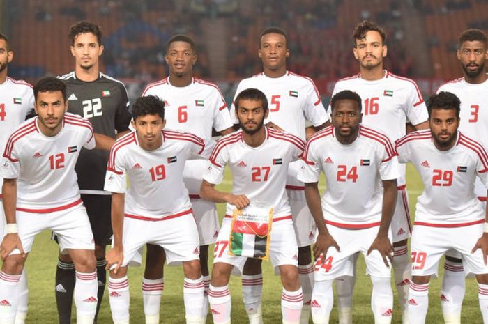 Skuat timnas U-23 Uni Emirat Arab sebelum bertanding melawan China di Stadion Jalak Harupat, Minggu (19/8/2018).