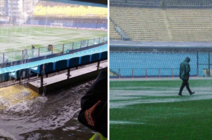 Lapangan dan tribune Stadion La Bombonera, Buenos Aires, Argentina digenangi air hujan pada Minggu (11/11/2018). Hujan lebat menyebabkan laga final Copa Libertadores leg pertama antara Boca Juniors vs River Plate terpaksa ditunda.