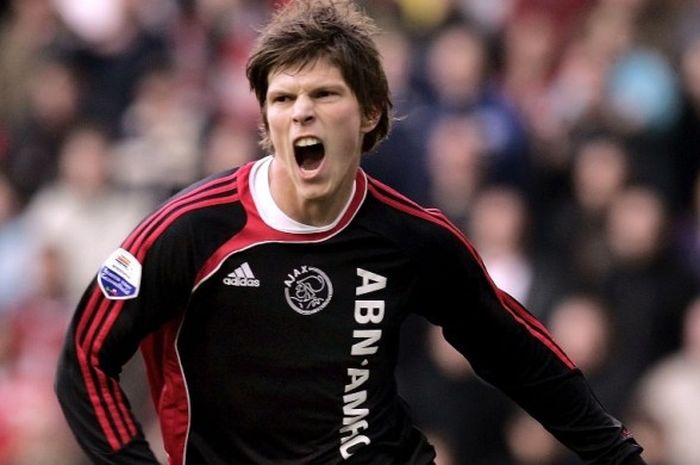 Ekspresi Klaas-Jan Huntelaar setelah mencetak gol untuk Ajax Amsterdam ke gawang PSV Eindhoven dalam lanjutan Liga Belanda di Phillips Stadion, Eindhoven, 18 Maret 2007.