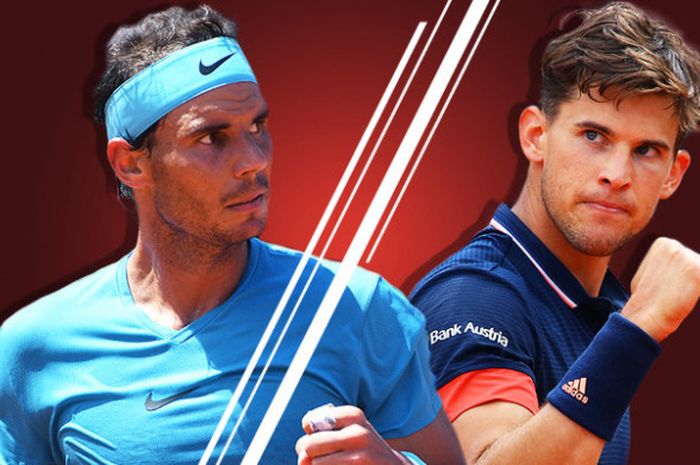 Rafael Nadal (kiri) dan Dominic Thiem (kanan) bakal saling berhadapan pada partai final sektor tunggal putra gelaran turnamen tenis Roland Garros 2018 yang dijadwalkkan berlangsung Minggu (10/6/2018).