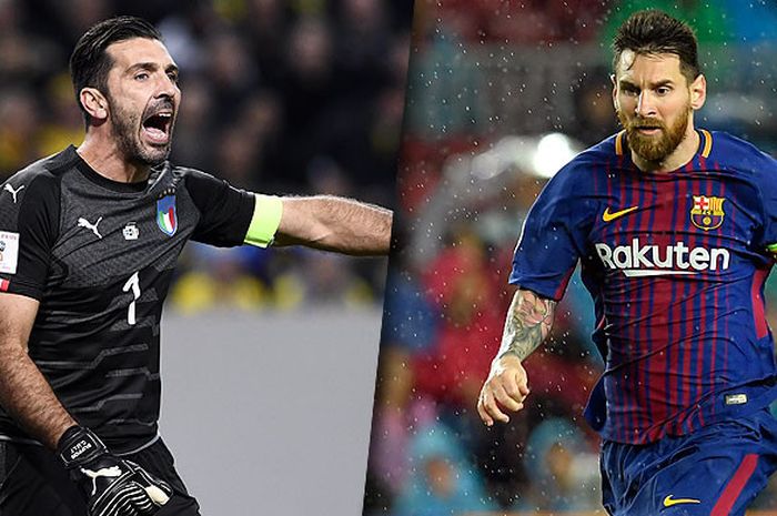 Kiper Juventus, Gianluigi Buffon (kiri), sudah tak lagi kebal dengan gol striker Barcelona, Lionel Messi.