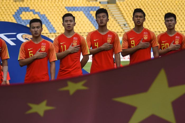 Timnas U-23 China sebelum melakoni laga Grup C Asian Games 2018 kontra Timor Leste di Stadion Si Jal