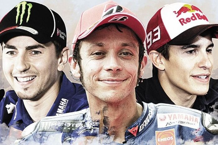 Jorge Lorenzo (Yamaha), Marc Marquez (Honda), dan Valentino Rossi (Yamaha) bersaing ketat dalam MotoGP 2015