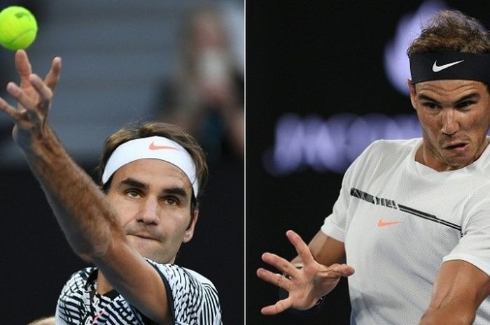 Petenis asal Swiss, Roger Federer (kiri), hendak melakukan servis saat menghadapi petenis Jerman, Mischa Zverev, dalam laga perempat final Australia Terbuka 2017, 24 Januari. Adapun foto kanan memperlihatkan aksi Rafael Nadal ketika melawan petenis Bulgaria, Grigor Dimitrov, pada laga semifinal, 27 Januari.