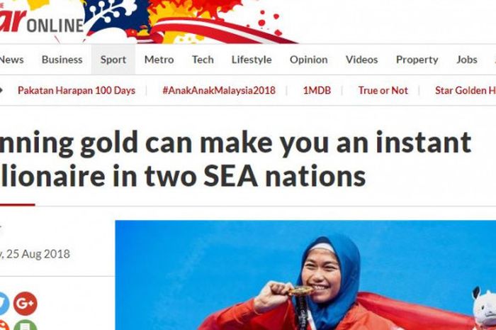 Pemberitaan media Malaysia soal nominal hadiah yang diterima atlet Indonesia di Asian Games 2018.