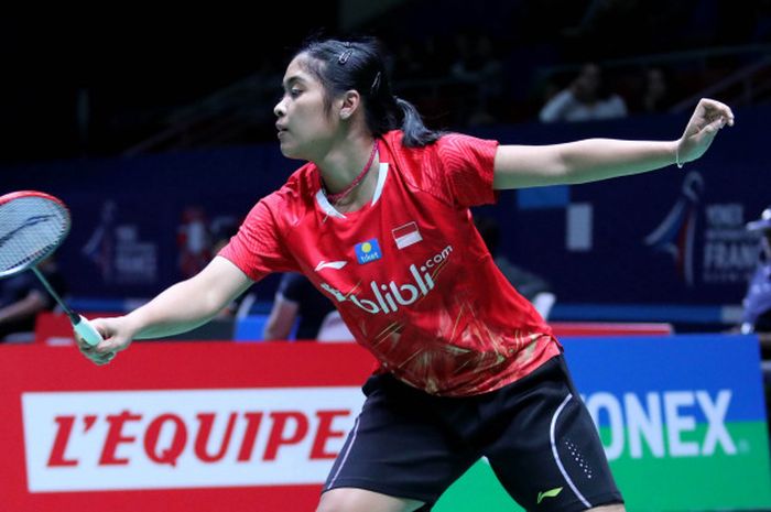 Gregoria Mariska Tunjung saat berhadapan dengan wakil Taiwan, Lee Chia Hsin, pada babak pertama yang berlangsung di Stade Pierre de Coubertin, Paris, Prancis, Selasa (23/10/2018).