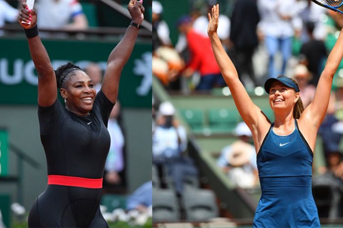 Serena Williams (kiri) dan Maria Sharapova (kanan) akan saling berhadapan pada babak 16 besar Roland Garros 2018 yang bakal digelar Senin (4/6/2018).