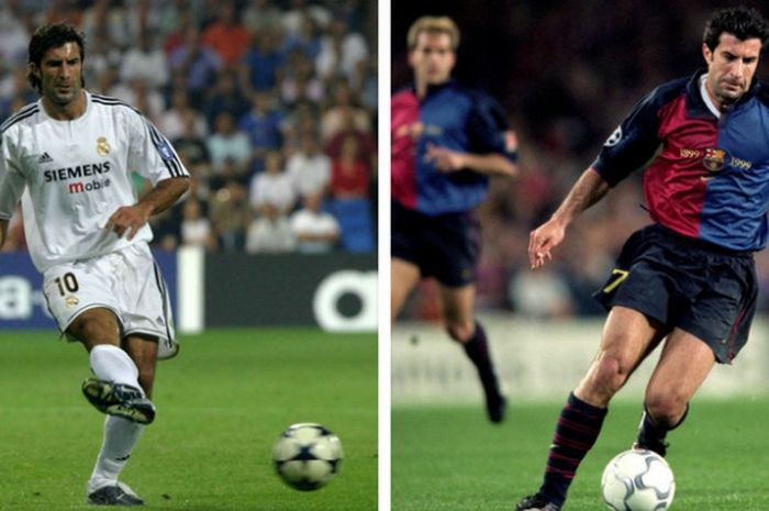 Aksi Luis Figo saat berseragam Real Madrid (kiri) dan Barcelona (kanan).