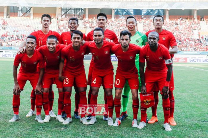                                Skuat timnas Indonesia pada laga uji coba melawan timnas Mauritius di Stadion Wibawa Mukti, Kabupaten Bekasi, Selasa (11/9/2018).                               