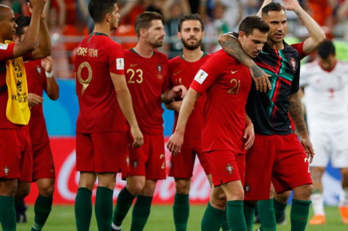 Ekspresi para pemain timnas Portugal seusai gagal mengalahkan Iran dalam laga terakhir Grup B Piala Dunia 2018 di Stadion Mordovia Arena, Saransk, Rusia, pada Senin (25/6/2018).