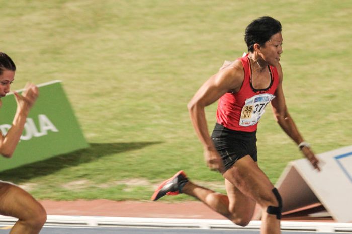 Dedeh Erawati, tampil di nomor 100 meter Kejuaraan Dunia Masters Atletik 2018 di Malaga, Spanyol.