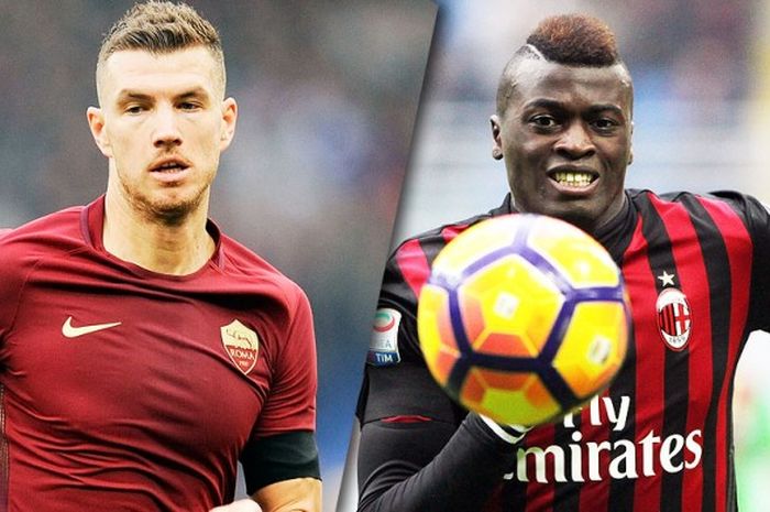 Striker AS Roma, Edin Dzeko (kiri), adu tajam di sektor depan dengan striker Milan, M'Baye Niang.