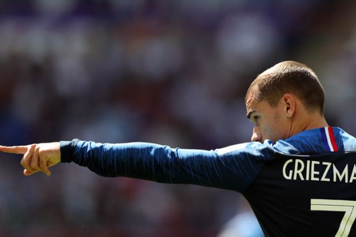 Striker Prancis, Antoine Griezmann, dalam laga perdana Piala Dunia 2018 melawan Australia di Kazan Arena, Kazan, 16 Juni  2018.