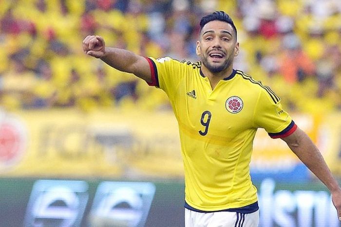 Reaksi striker Kolombia, Radamel Falcao, dalam laga Kualifikasi Piala Dunia 2018 di Barranquilla, Kolombia, pada 10 November 2016.